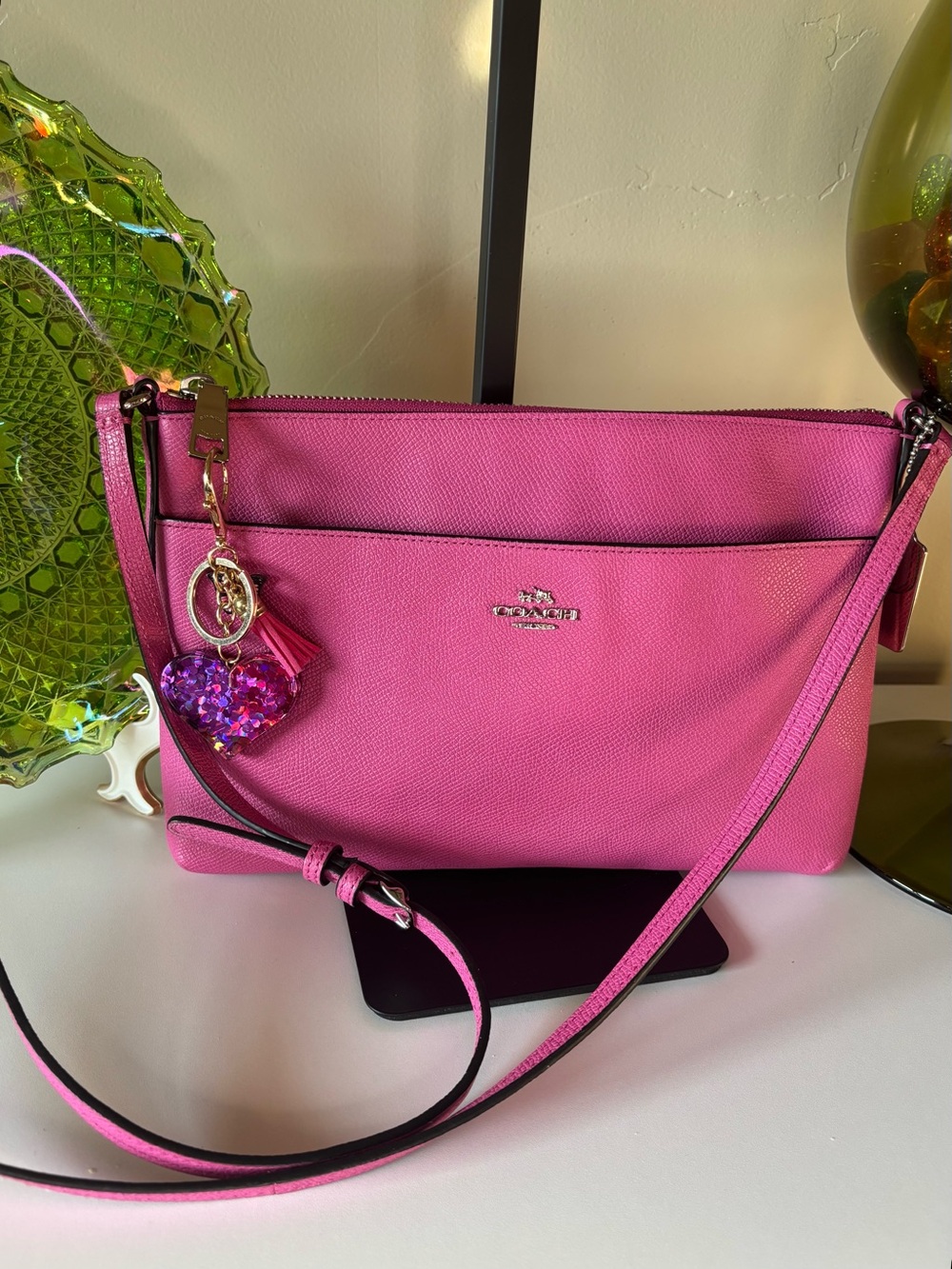 COACH Bright Pink Crossbody Bag with Heart Charm, EUC